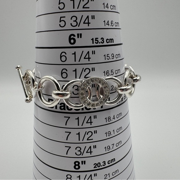 Silver Toggle Bracelet 6.75” Circle Links with Rhinestones - Picture 4 of 5